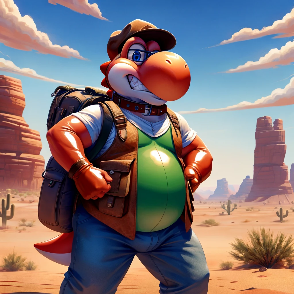 Male, fat, extremely obese, Yoshi, blue eyes, (posing:1.3), (soft shading), 4k, hi res, ((detailed face, detailed)), looking at viewer, evil grin, desert, cactus, shirt, hat, male focus, Explorer Outfit, glasses, pants, bag, vest, backpack, sleeves rolled up, round eyewear, brown headwear, brown vest, Yoshi is wearing a glossy leather dog collar around the neck, Yoshi is wearing the leather collar and shirt and vest at the same time, Yoshi is wearing glossy white rubber gloves on the hands, gloves are rubber in texture, clenching teeth, clenching fists, leather collar is glossy and shiny with a lot of detail.