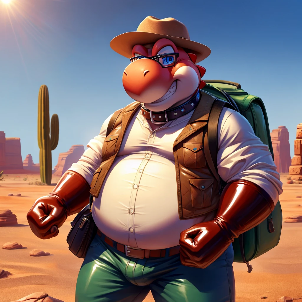 Male, fat, extremely obese, Yoshi, blue eyes, (posing:1.3), (soft shading), 4k, hi res, ((detailed face, detailed)), looking at viewer, evil grin, desert, cactus, shirt, hat, male focus, Explorer Outfit, glasses, pants, bag, vest, backpack, sleeves rolled up, round eyewear, brown headwear, brown vest, Yoshi is wearing a glossy leather dog collar around the neck, Yoshi is wearing the leather collar and shirt and vest at the same time, Yoshi is wearing glossy white rubber gloves on the hands, gloves are rubber in texture, clenching teeth, clenching fists, leather collar is glossy and shiny with a lot of detail.