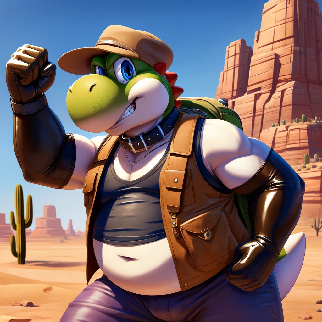 Male, fat, extremely obese, Yoshi, blue eyes, (posing:1.3), (soft shading), 4k, hi res, ((detailed face, detailed)), looking at viewer, evil grin, desert, cactus, shirt, hat, male focus, Explorer Outfit, glasses, pants, bag, vest, backpack, sleeves rolled up, round eyewear, brown headwear, brown vest, Yoshi is wearing a glossy leather dog collar around the neck, Yoshi is wearing the leather collar and shirt and vest at the same time, Yoshi is wearing glossy white rubber gloves on the hands, gloves are rubber in texture, clenching teeth, clenching fists, leather collar is glossy and shiny with a lot of detail.