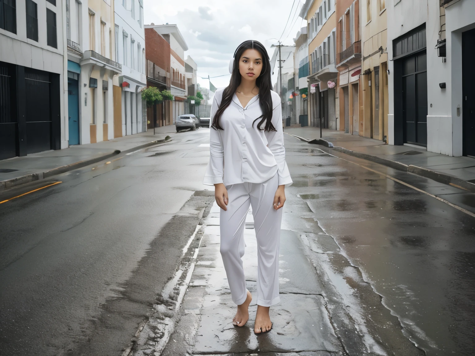 wide angle full body shot of A beautiful latina girl with dark long straight hair, full lips, wearing a white headphones and white pijamas standing in the middle of an empty street on a cloudy day, barefoot, thinking deeply, photo from afar