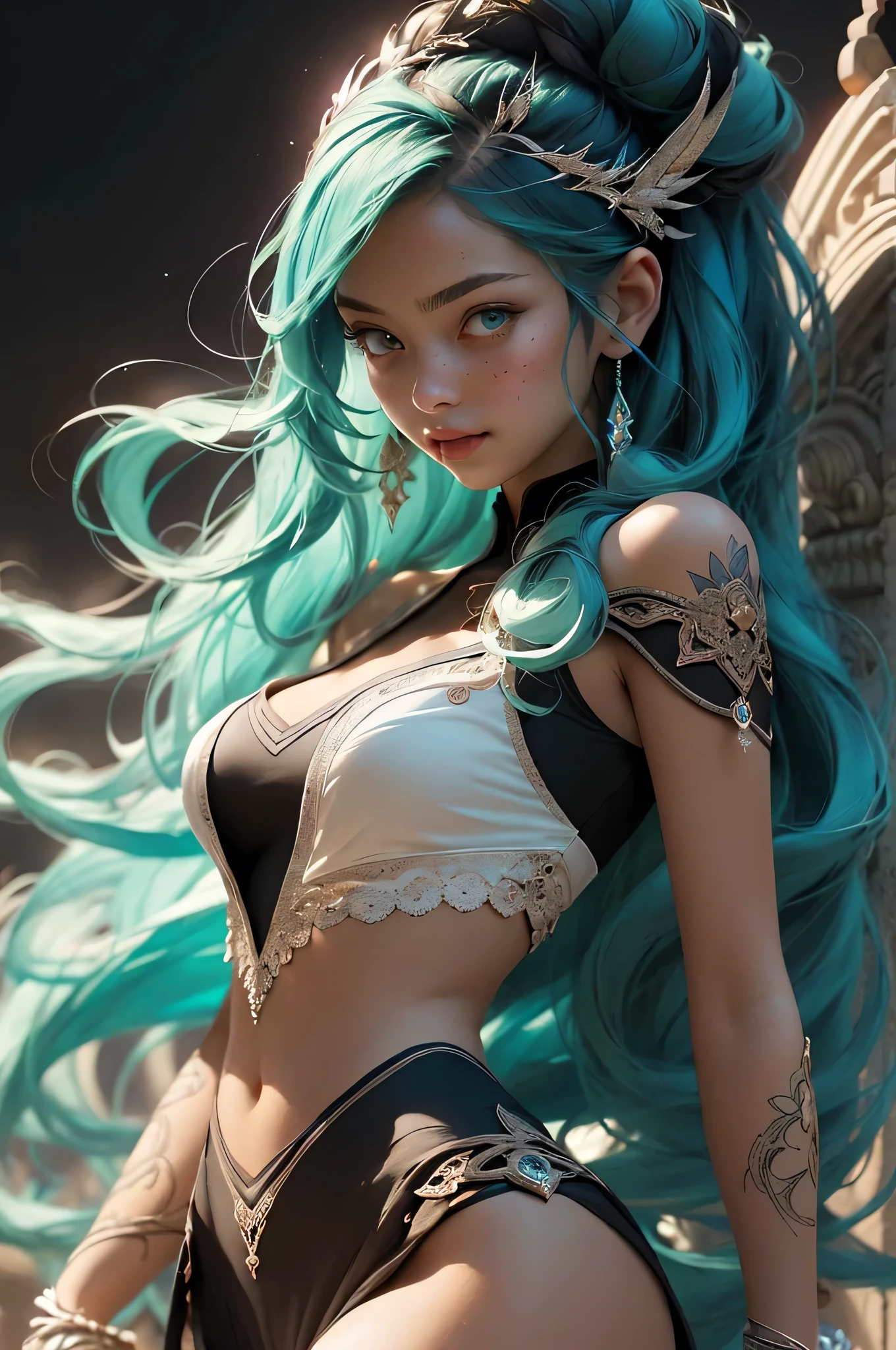 ((masterpiece))), (((best quality))), ((ultra-detailed)), (hyperrealistic), (highly detailed CG illustration), ((an extremely delicate and beautiful)),cinematic light, Create a stunning anime artwork that is currently trending on ArtStation, showcasing exquisite beauty and captivating aesthetics. The art piece should be highly detailed, featuring a compelling character and a visually appealing environment. 
The character in the artwork is a graceful and enchanting figure, , radiating an aura of elegance. Pay close attention to intricate facial features, such as mesmerizing eyes with vibrant colors and delicate shading.  Hair ((turquoise, long, floating in the air, wrapped around her))).
The character's clothing should be designed with elaborate patterns, flowing see-through fabrics, lace, and rich textures, reflecting a blend of fantasy and contemporary fashion. turquoise and black, flowing in air, cleavage,.
Place the character in a captivating ethereal environment that enhances the overall appeal of the artwork.  a mystical realm filled with magical elements. Incorporate vibrant colors, dynamic lighting, and detailed background elements to create a sense of depth and immersion. 
Consider the latest trends in anime art, such as incorporating unique lighting effects, exploring creative composition techniques, or experimenting with unconventional color palettes. 
Take inspiration from the top artists on ArtStation and their exceptional execution of various art styles and themes. Camera: Choose an angle that highlights the character's beauty and the immersive environment. Lighting: Utilize atmospheric lighting techniques to create depth and mood. Resolution: Aim for a high-resolution artwork to showcase intricate details and clarity. Art Inspirations: Seek inspiration from the trending artists on ArtStation, exploring different styles, genres, and themes.