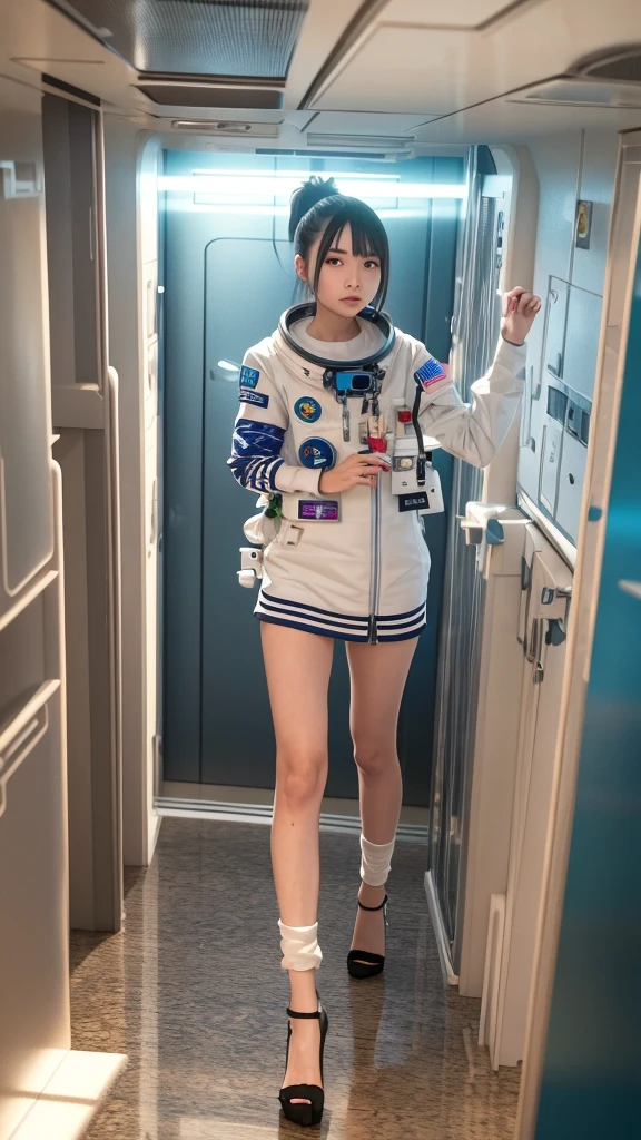 muste piece, best quality, (highest quality、8K、masterpiece:1.3)、ultra high resolution、Physically based rendering、(photorealistic：1.37)、beautiful woman with perfect body:1.4、slim abdomen:1.2、Highly detailed face and skin texture、 red cheeks、white skin、thin waist,thin legs、highest quality,very beautiful 12 year old girl, (cute:1.2),perfect shiny skin,((Precise hands without any discomfort)), brown hair,(short twin tails),(((full nude)))、(((I see Cheb)))、(((I can see pubic hair)))、(((Standing on the space station)))、(((smile)))