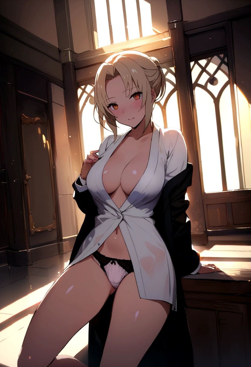 1girl, 18 year old female, Mysterious Heroine X Alter, Fate Grand/Order, anime style, ultra realistic, high detail, sexy pose, sexy, beautiful, exposed skin, slender, skinny, exposed breast, large breast, nipples, exposed nipples, nude, nudity, absurdres, high res, ultrasharp, 8K, UHD, retina, masterpiece, accurate, anatomically correct, perfect anatomy, textured skin, super detail, high details, high quality, award winning, best quality, high res, looking at viewer, detailed eyes, four fingers and one thumb per hand, perfect hands, perfect finger, two arms only, no clothes, revealing, platinum blonde hair, yellow eyes