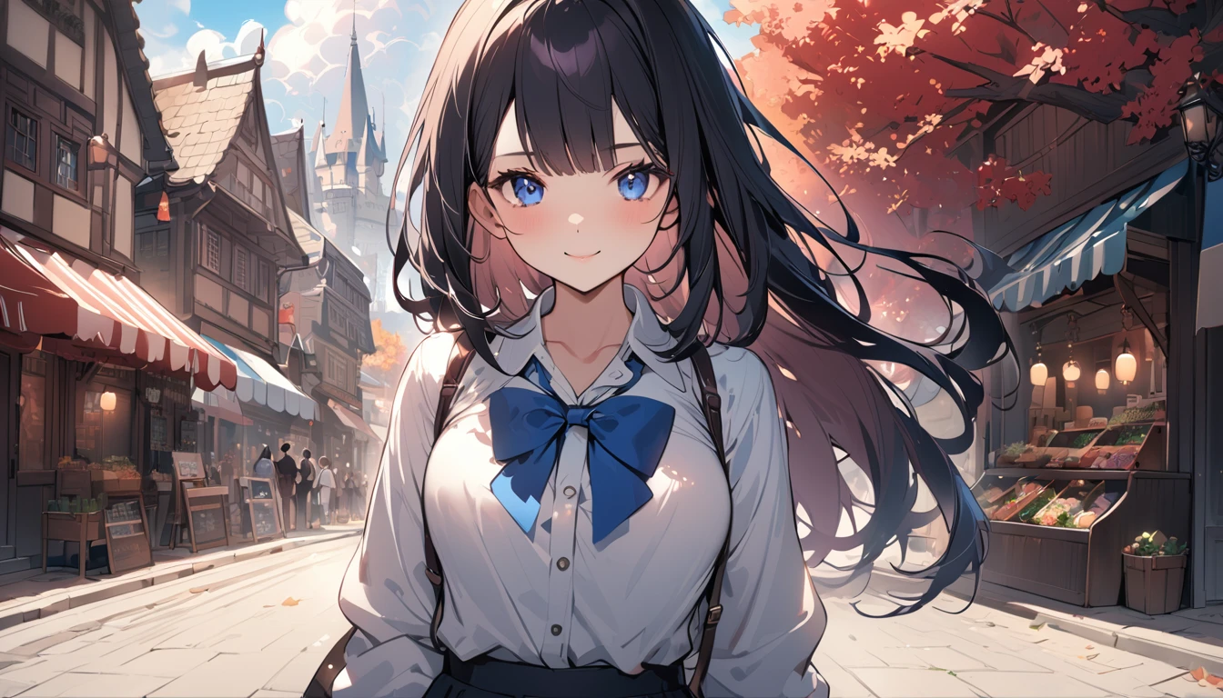BREAK 1 girl, long hair, black hair, straight hair, short bangs above brows, blue eyes, warm smile,
BREAK (masterpiece), (high resolution 8K), cinematic lighting, professional lighting, detailed eyes and face, detailed body,
BREAK white shirt, blue bowtie, pleated skirt,
BREAK very wide, panorama view, sense of depth, shot from front,
BREAK fantasy, castle and town, how peaople live, flowers, trees, nature, shopping street, street stall, blue sky, cumulonimbus clouds,
