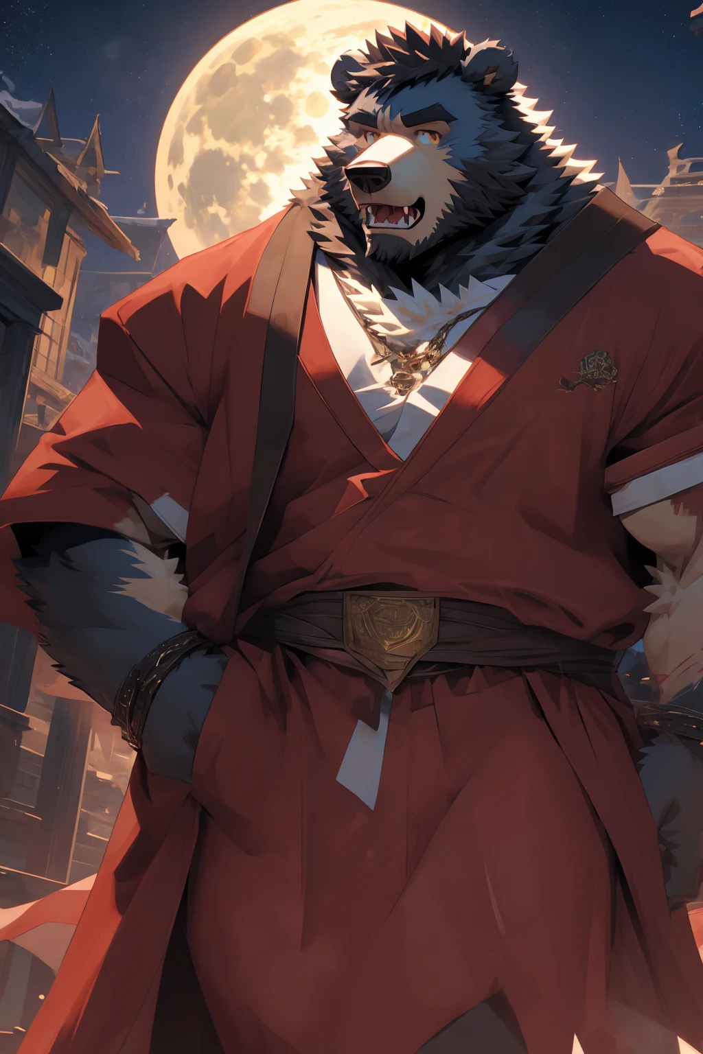 (Super detailed), Sharp focus,hairy, Gray fur, White beard,,Golden Eyes,human nature (棕Bear:1.3), male, Muscular ,(Crotch bulge),(Big Bag),Super detailed的脸,(dishevelled:1.4),(best quality), (masterpiece), High Detail, high quality,High resolution,16K,(Bear:1.3),(scar:1.1),(Fangs),(vampire:1.2),(Red robe),moonlight,Sharp teeth,(Bloody Mouth),Open your mouth