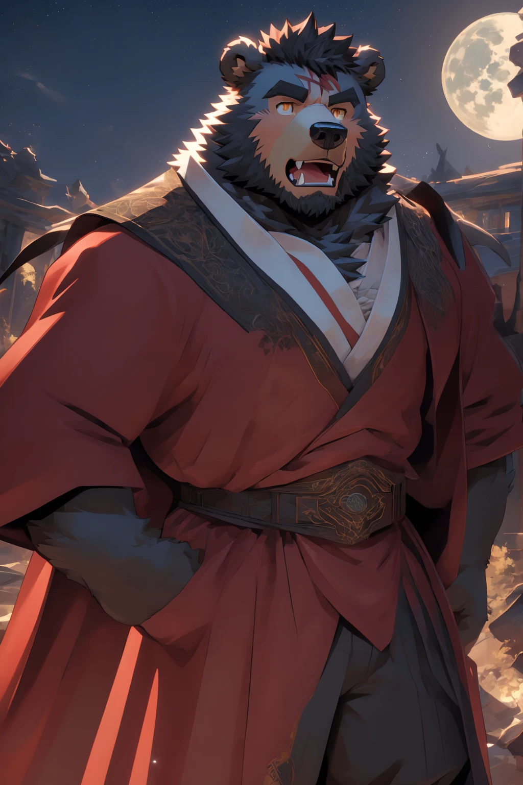(Super detailed), Sharp focus,hairy, Gray fur, White beard,,Golden Eyes,human nature (棕Bear:1.3), male, Muscular ,(Crotch bulge),(Big Bag),Super detailed的脸,(dishevelled:1.4),(best quality), (masterpiece), High Detail, high quality,High resolution,16K,(Bear:1.3),(scar:1.1),(Fangs),(vampire:1.2),(Red robe),moonlight,Sharp teeth,(Bloody Mouth),Open your mouth