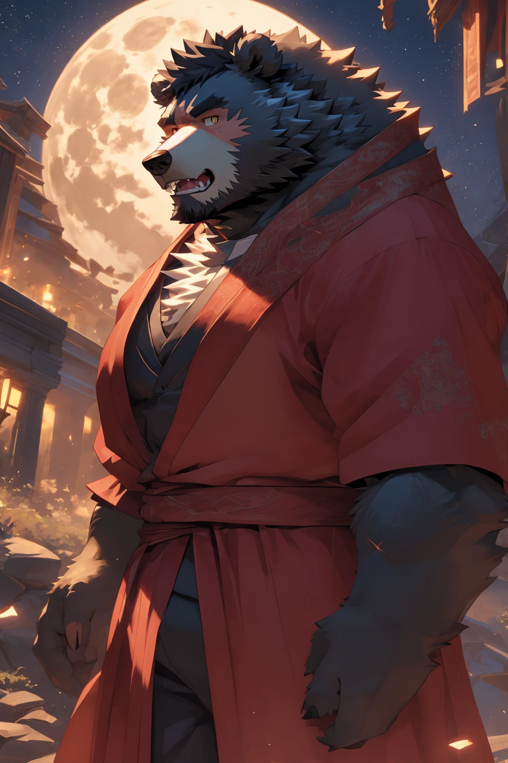 (Super detailed), Sharp focus,hairy, Gray fur, White beard,,Golden Eyes,human nature (棕Bear:1.3), male, Muscular ,(Crotch bulge),(Big Bag),Super detailed的脸,(dishevelled:1.4),(best quality), (masterpiece), High Detail, high quality,High resolution,16K,(Bear:1.3),(scar:1.1),(Fangs),(vampire:1.2),(Red robe),moonlight,Sharp teeth,(Bloody Mouth),Open your mouth