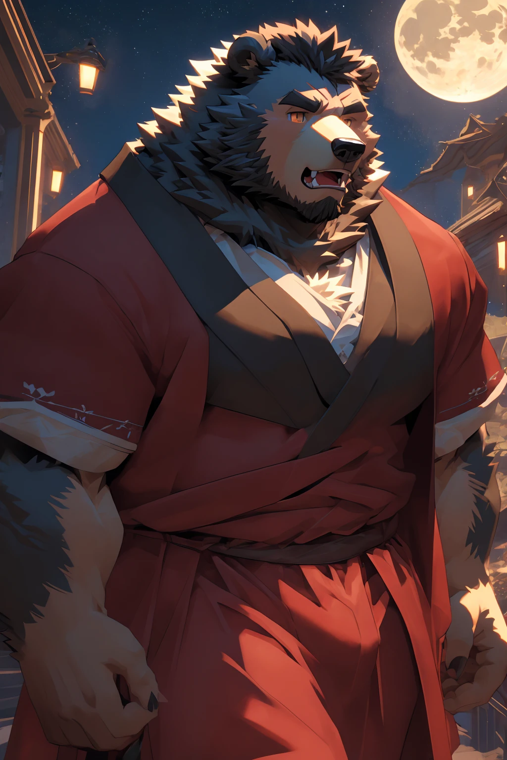 (Super detailed), Sharp focus,hairy, Gray fur, White beard,,Golden Eyes,human nature (棕Bear:1.3), male, Muscular ,(Crotch bulge),(Big Bag),Super detailed的脸,(dishevelled:1.4),(best quality), (masterpiece), High Detail, high quality,High resolution,16K,(Bear:1.3),(scar:1.1),(Fangs),(vampire:1.2),(Red robe),moonlight,Sharp teeth,(Bloody Mouth),Open your mouth