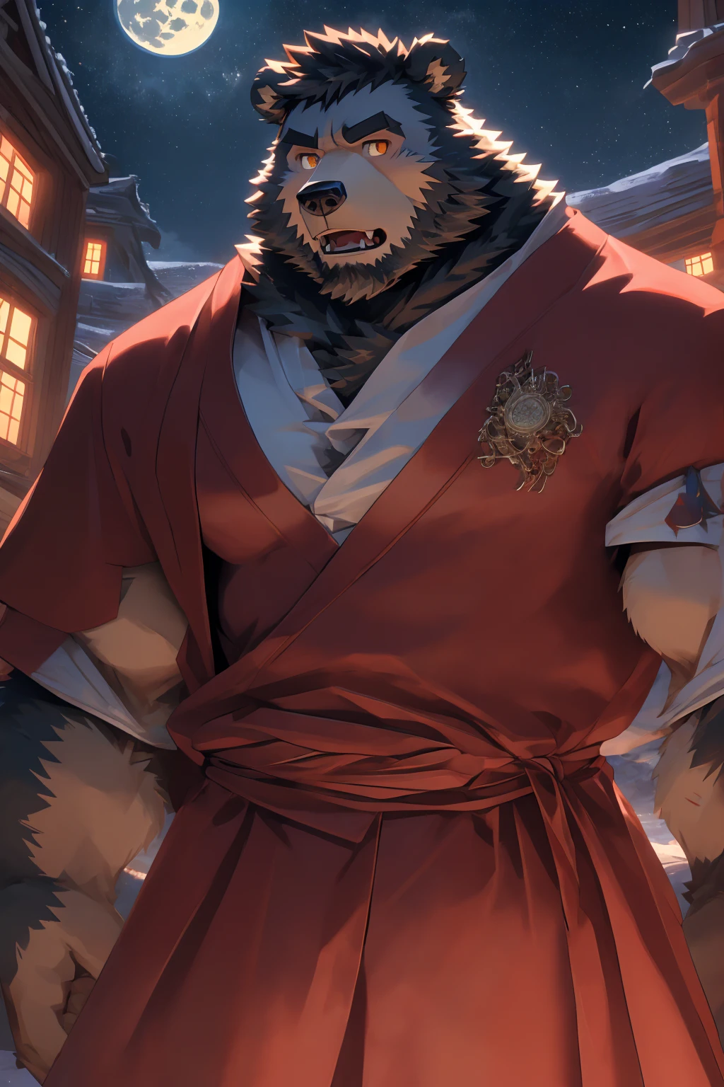 (Super detailed), Sharp focus,hairy, Gray fur, White beard,,Golden Eyes,human nature (棕Bear:1.3), male, Muscular ,(Crotch bulge),(Big Bag),Super detailed的脸,(dishevelled:1.4),(best quality), (masterpiece), High Detail, high quality,High resolution,16K,(Bear:1.3),(scar:1.1),(Fangs),(vampire:1.2),(Red robe),moonlight,Sharp teeth,(Bloody Mouth),Open your mouth