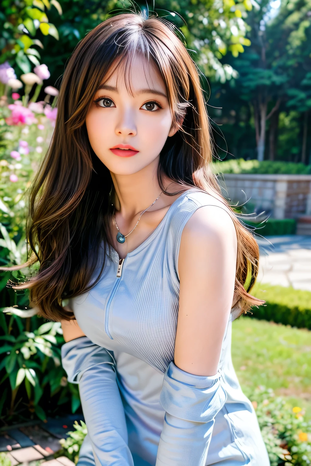 seed;88117315,((Full Body Angle))、((Front hair:1.3))、((Highest quality, 8K, masterpiece: 1.3)), concentrated: 1.2, Cute girl 1,Nipples erect、 Perfect beauty: 1.4,Summer casual solid color zipper waist slim fit sleeveless sweater dress: 1.2,Long sleeve、Randall Color、comics＆Text Graphics、Black ruffle-trimmed drawstring zip blouse,1.1, Highly detailed face and skin textures, Fine grain, double eyelid, whitening skin, ,Highest quality,Ultra-high resolution,you,1 girl,alone,_Shiny_skin,Iris,necklace,((brown_length_Wavy_hair)),(lips)),eyelash,Front hair,deal with,compensate,Shiny,pore,skin,Large Breasts、((Surprised face、Surprised face、))、Garden、