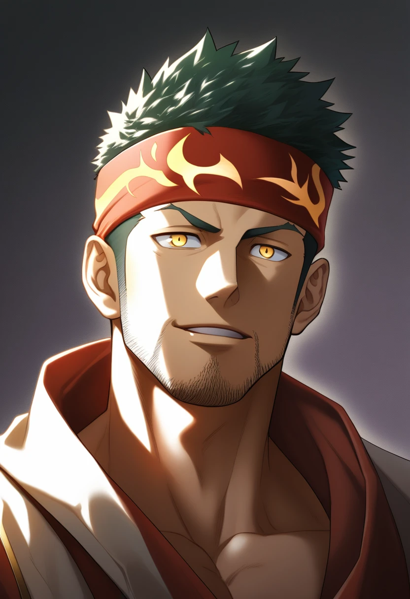anime characters:Gyee, priapus, 1 muscular man god, Flame tattoo, sports Red headband, Priestly robes, muscular male, muscular, only, Upper body, alone, Black short hair, Thick eyebrows, stubble, Yellow eyes, White background, simple background, amazing quality, best aesthetics, Ridiculous, bright pupils, crew cut, naughty face, torogao, parted lips, god rays, chiaroscuro, drop shadow, best quality