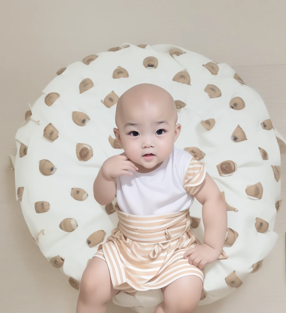 5 year old monk,bald head,human,Round head,chubby, soft and fair face,With big, attractive eyes,double eyelid,thick eyebrows,high nose,Lips with a beautiful smile,wearing a white cassock,fold buddha beads and hands together,face,sitting cross-legged in a bamboo forest,k hd,normal hand