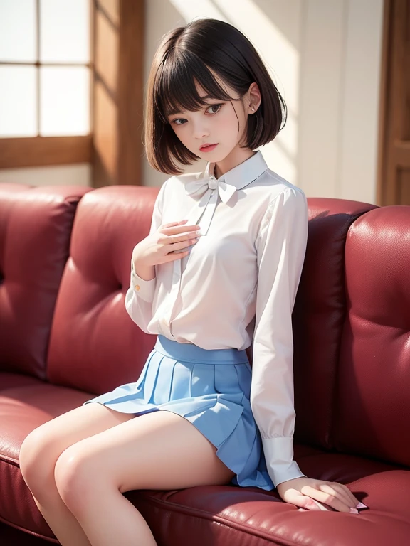 (masterpiece、Highest quality:1.7)、(12 years old:1.5)、((Bobcut))、Black Hair、85mm、16K、Official Art、RAW Photos、Best Beautiful Faces、Close-up、Violet、Gardenia、The best beautiful girl、very cute、Red blush on cheeks、indoor、(Sitting on the couch:1.8)、Film Grain、Chromatic Aberration、Sharp Focus、(((Nice hands、Perfect hands、Perfect Fingers、Thin and delicate fingers、A perfect body without flaws)))、Detailed face、(Slender body:1.5)、(Slender body:1.4)、(Petite body:1.4)、(Small breasts:1.9)、(Let your bangs hang down:1.8)、(Blushing:1.8)、(Low contrast lighting:1.2)、(White tight business blouse with collar:1.5)、(White bow tie blouse:1.3)、(Long sleeve: 1.3)、(Light blue pleated mini skirt:1.5)、(White School Socks:1.5)、(Eyes closed:1.5),(Touch your chest:1.5)