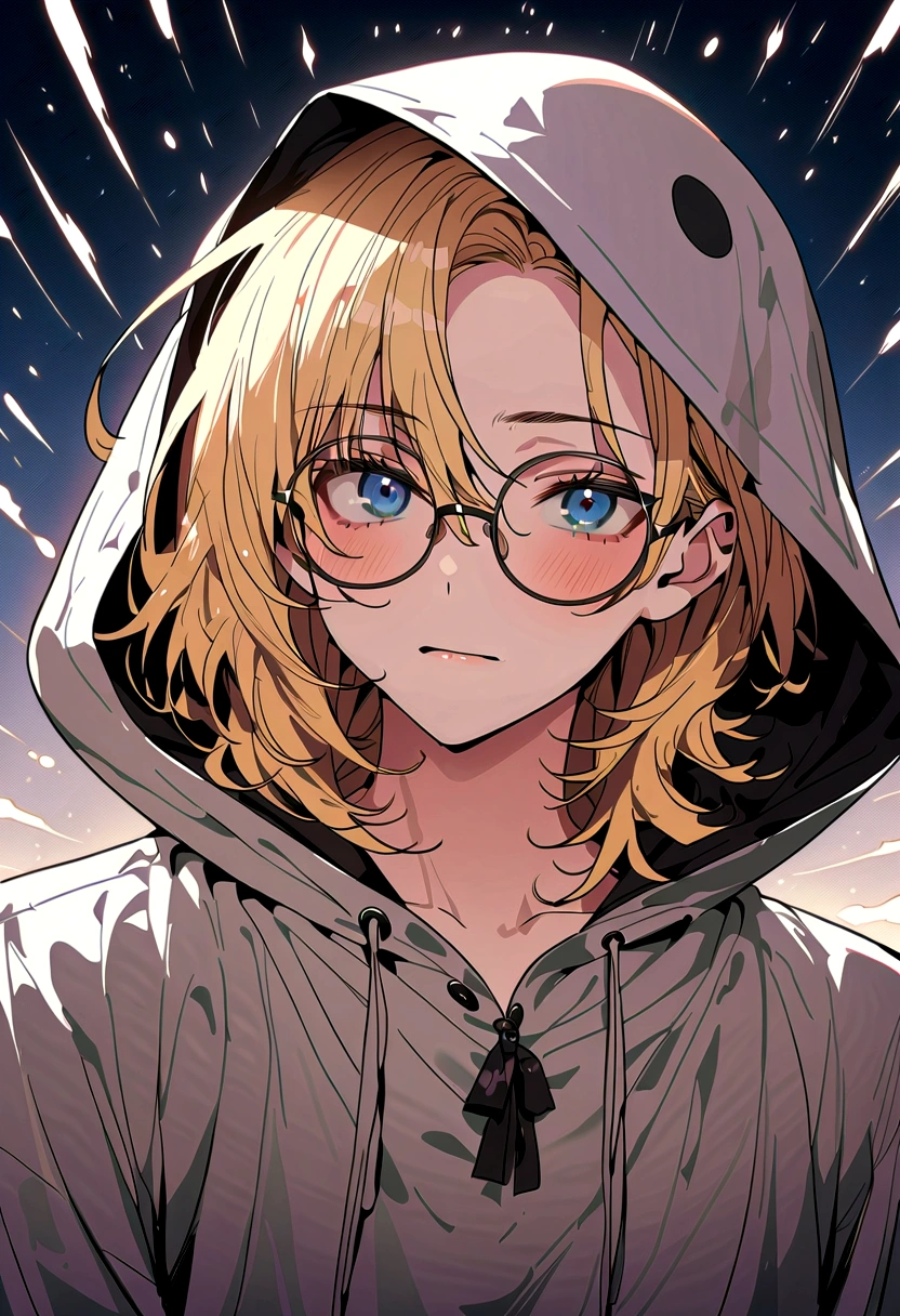 1boy, blond hair, round glasses, wearing grey ghost costume hoody, tired eyes, blue eyes