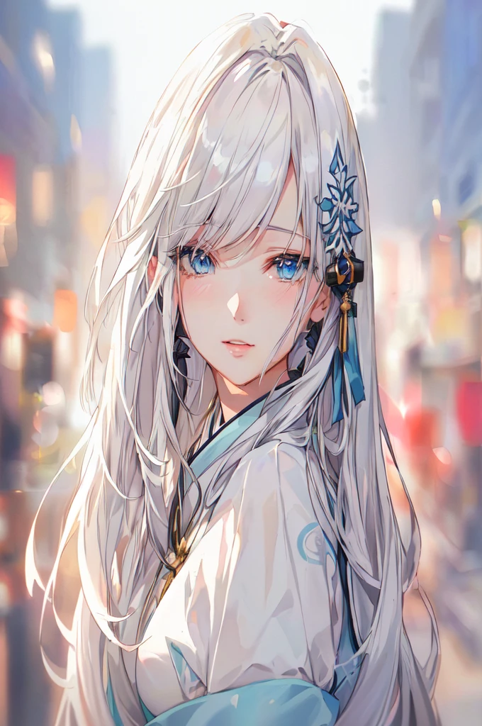 Anime girl with long white hair and blue eyes in the city, White-haired God, Beautiful anime portraits, Detailed portrait of an anime girl, Perfect white hair girl, Beautiful Anime Girls, Beautiful Anime Women, White Hair Girl, Cute Anime Girl Portrait, palace ， Girl in Hanfu, From Girls Frontline, guweiz on pixiv artstation, ”Beautiful Anime Women