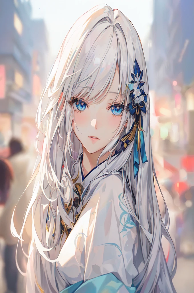 Anime girl with long white hair and blue eyes in the city, White-haired God, Beautiful anime portraits, Detailed portrait of an anime girl, Perfect white hair girl, Beautiful Anime Girls, Beautiful Anime Women, White Hair Girl, Cute Anime Girl Portrait, palace , Girl in Hanfu, From Girls Frontline, guweiz on pixiv artstation, ”Beautiful Anime Women