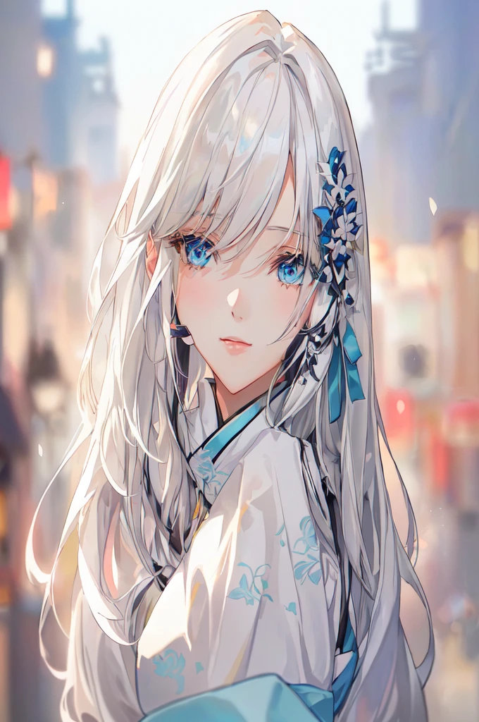 Anime girl with long white hair and blue eyes in the city, White-haired God, Beautiful anime portraits, Detailed portrait of an anime girl, Perfect white hair girl, Beautiful Anime Girls, Beautiful Anime Women, White Hair Girl, Cute Anime Girl Portrait, palace ， Girl in Hanfu, From Girls Frontline, guweiz on pixiv artstation, ”Beautiful Anime Women