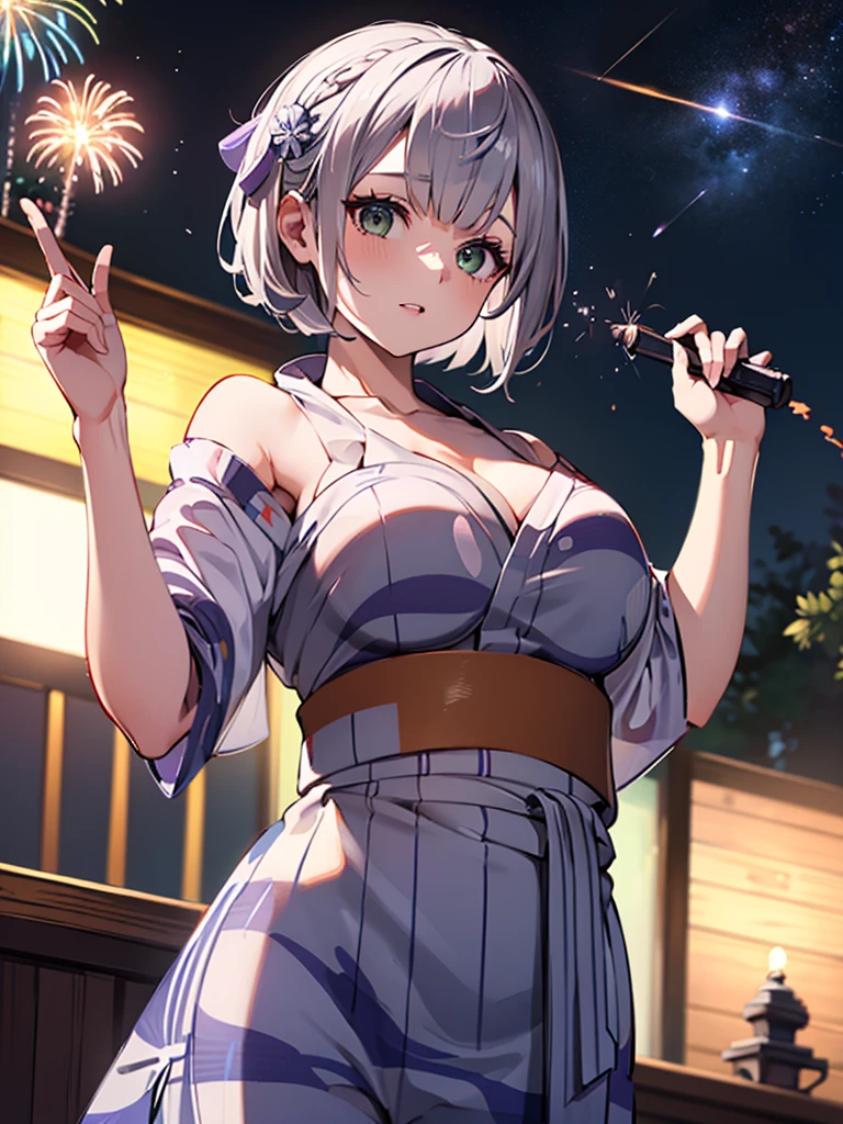 Ultra-high resolution,masterpiece, Attention to detail, Highest quality, 4K,(Silver braided short bob),(Blessed,Captivating body、Ultra-detailed skin、Beautiful Eyes、Detailed Background),One Girl、(yukata:1.5),Fireworks in the night sky