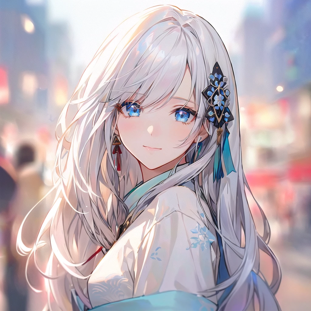 Anime girl with long white hair and blue eyes in the city, White-haired God, Beautiful anime portraits, Detailed portrait of an anime girl, Perfect white hair girl, Beautiful Anime Girls, Beautiful Anime Women, White Hair Girl, Cute Anime Girl Portrait, palace ， Girl in Hanfu, From Girls Frontline, guweiz on pixiv artstation, ”Beautiful Anime Women