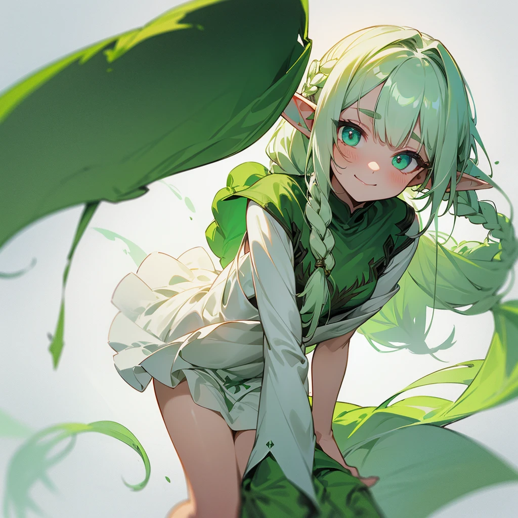 1 elf girl, simple and loose/crumpled white dress with green gradient, long white hair with green gradient, small braids, simple non-revealing dress that reaches up to her legs. Soft expression, soft eyes, smiling shyly, very very simple fantasy design