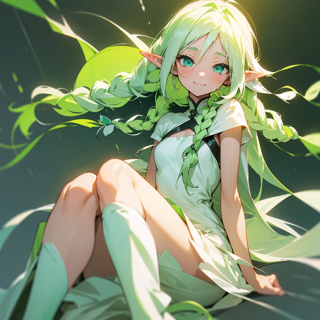  1 elf girl, simple white dress with green gradient, long white hair with green gradient, small braids, simple non-revealing dress that reaches up to her legs. Soft expression, soft eyes, smiling shyly, very very simple fantasy design 