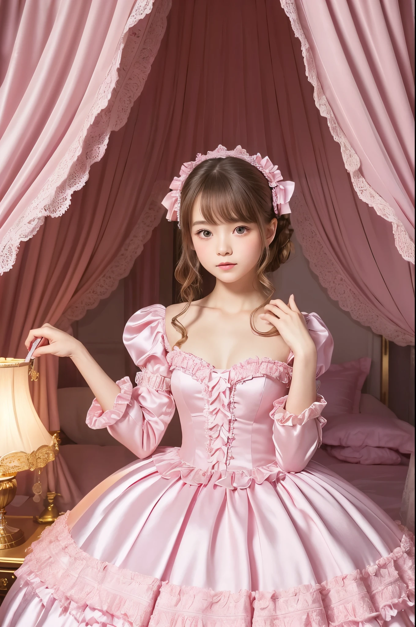 highest quality, masterpiece, highest resolution, artwork, super それにget used to it, many get used to it, get used to it, それにget used to it, 3k realistic pictures,,((10 year old little girls)),Ultra-detailed juvenile face,ultra-detailed beautiful little girls,girls are princess,full length ball gown dress with hoop skirt,ruffled yoke collar,puff sleeves,long sleeve,((Lolita style hot pink detailed princess satin dress with lots of ruffles and ribbons)),Rococo style lolita fashion,shiny satin dress,Soft and smooth fabric,detailed princess dress,luxury,long blonde hair,blue eyes,white skin european,Pajama,((in the bedroom of the palace)),luxury princess canopy king size pink bed,shiny satin sheets,ultra-detailed princess bed,High-quality background,lot of frilled pillows,on the bed,
