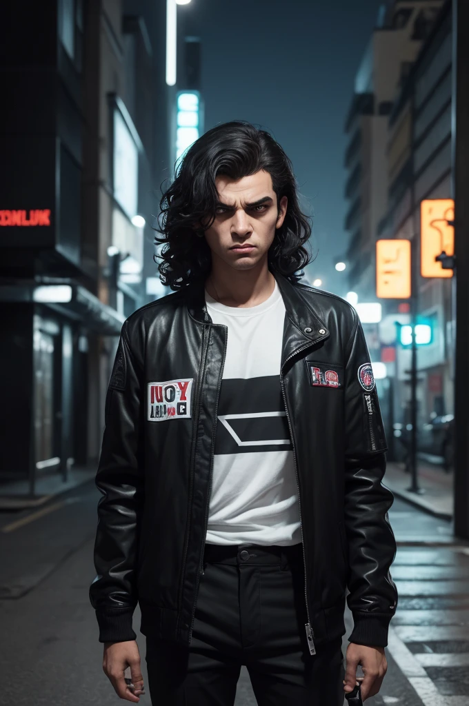 Create the image of a boy looking between 19 - 20 years old, mad face, with curly long hair, dark skin and black eyes, wearing a Jaqueta escolar de couro preto e branco com um C/Pogues no emblema. O estilo das roupas é dos anos 90. no estilo cartoon da tela de carregamento do GTA V. in a digital illustration style inspired by the GTA V loading screens in 3D , his expression is mad, low lighting. Suspenseful atmosphere. Background is a night city, It cannot contain extra hands, extra fingers, mutant hands, mixed texts, repeated letters