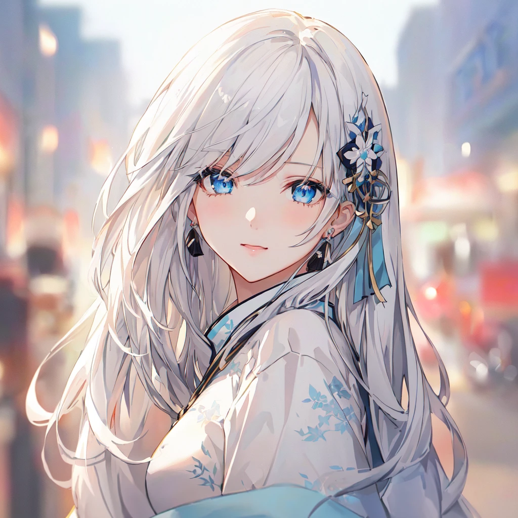 Anime girl with long white hair and blue eyes in the city, White-haired God, Beautiful anime portraits, Detailed portrait of an anime girl, Perfect white hair girl, Beautiful Anime Girls, Beautiful Anime Women, White Hair Girl, Cute Anime Girl Portrait, palace ， Girl in Hanfu, From Girls Frontline, guweiz on pixiv artstation, ”Beautiful Anime Women