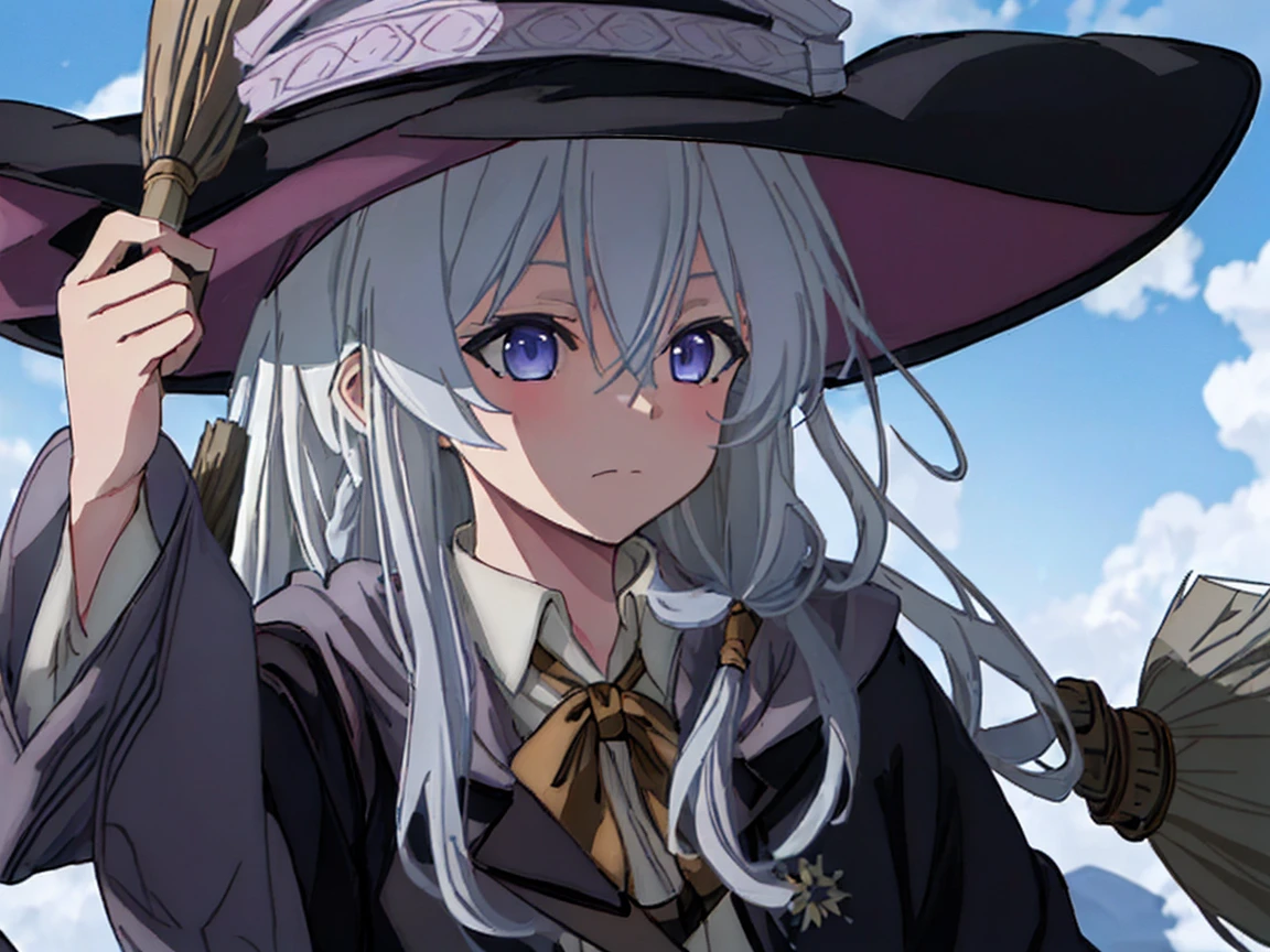 masterpiece, (realistic, photo realistic:1.2), ((highest quality), extremely fine and beautiful, beautiful face details, real human skin, realistic, photorealistic, elaina_majonotabitabi, ong_hair, bangs, hair_between_eyes, blue_eyes, closed_mouth, grey_hair, bow, white_hair, hat, witch_hat, black_headwear, purple_eyes, sitting, (Ride a broom:1.3), blue sky, cloud, Sun light, wind