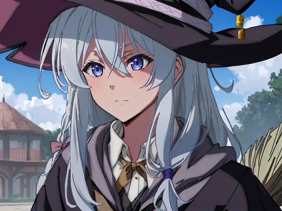 masterpiece, (realistic, photo realistic:1.2), ((highest quality), extremely fine and beautiful, beautiful face details, real human skin, realistic, photorealistic, elaina_majonotabitabi, ong_hair, bangs, hair_between_eyes, blue_eyes, closed_mouth, grey_hair, bow, white_hair, hat, witch_hat, black_headwear, purple_eyes, sitting, (Ride a broom:1.3), blue sky, cloud, Sun light, wind