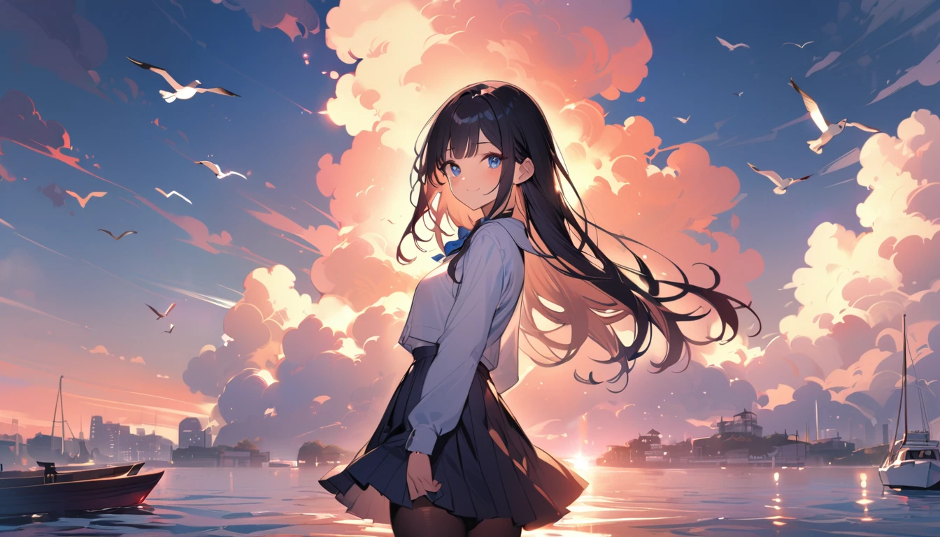 BREAK 1 girl, long hair, black hair, straight hair, short bangs above brows, blue eyes, warm smile,
BREAK (masterpiece), (high resolution 8K), cinematic lighting, professional lighting, detailed eyes and face, detailed body,
BREAK white shirt, blue bowtie, pleated skirt,
BREAK very wide, panorama view, sense of depth, shot from front,
BREAK outdoors, many boats are parked in the harbor, cumulonimbus clouds, piers, seagulls flying in the distance, twilight,