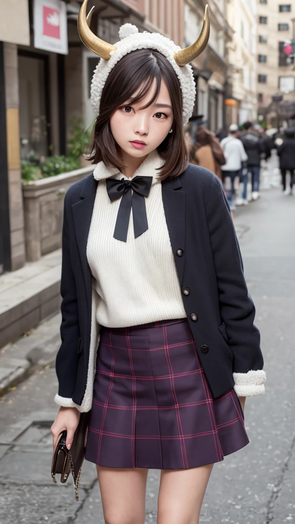 masterpiece, Highest quality, High resolution, Himsul 1, Horned hat, hair flower, X Hair Ornament, White sweater, Purple Jacket, flower, Long sleeve, Open clothes, Black Bow, Sleeves are longer than the wrist, skirt, Cowboy Shot, Outdoor, street, Are standing