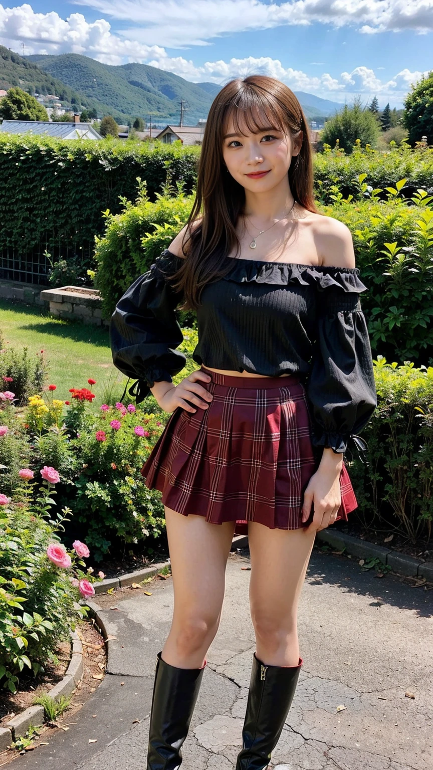 (8K、RAW Photos、Highest quality、masterpiece:1.2)、(Realistic、Realistic)、1 Girl、((Pink and black checked mini skirt、smile、Frills、Off the shoulder、one piece、whole body、See-through、boots、chest emphasis、whole body、garden、View from the front、Looking into the camera、Stand with hands on hips))、