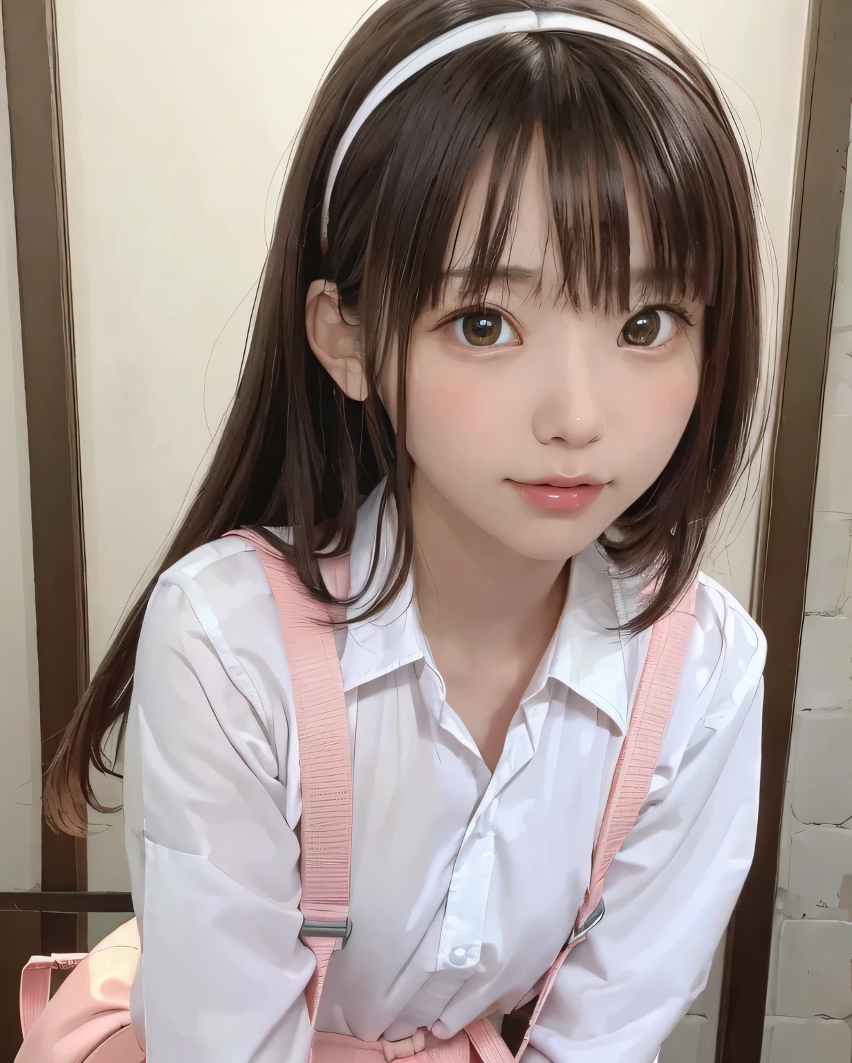 sixteen years old、brown haired、beautidful eyes、real looking skin、hi-school girl、small tits、(8K、masterpiece)、(reallistic、Photorealsitic)、top-quality、ighly detailed、The ultra-detailliert、Beautie、cute little、japanes、a smile、Close-up portrait、Healthy face、School uniform、plaid skirts
