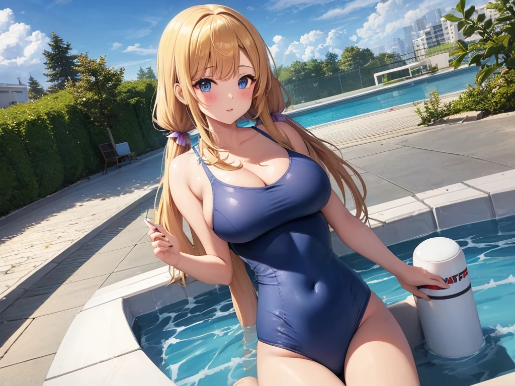 School Swimsuit、pretty girl、Blue eyes、Large Breasts、Twin tails、Blonde、Pool、School