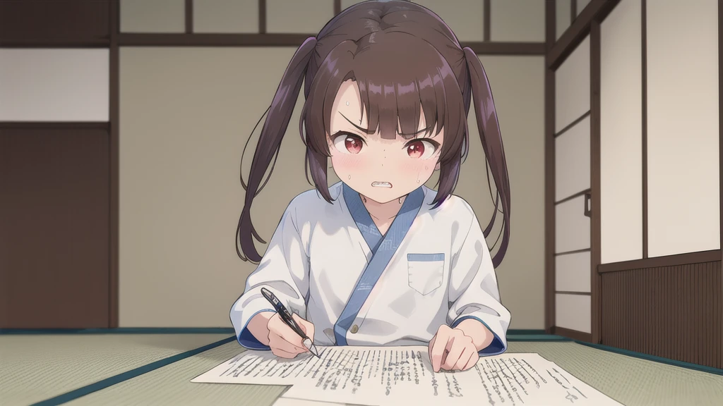 Dilapidated and dark Japanese-style room,blue sky,cloud,On the tatami_Leaning forward while sitting upright,Near your desktop PC,indoor,1 Girl, 独奏, Red eyes, Twin tails, brown hair,crawling,((顔 focus)),upper body,White shirt,Blue denim pants, bangs, eyebrows visible through hair, Flat Chest,Look Down,teeth ,annoyed,panicking,((Write on loose-leaf paper with a pen)),((Sweat)),Crowd