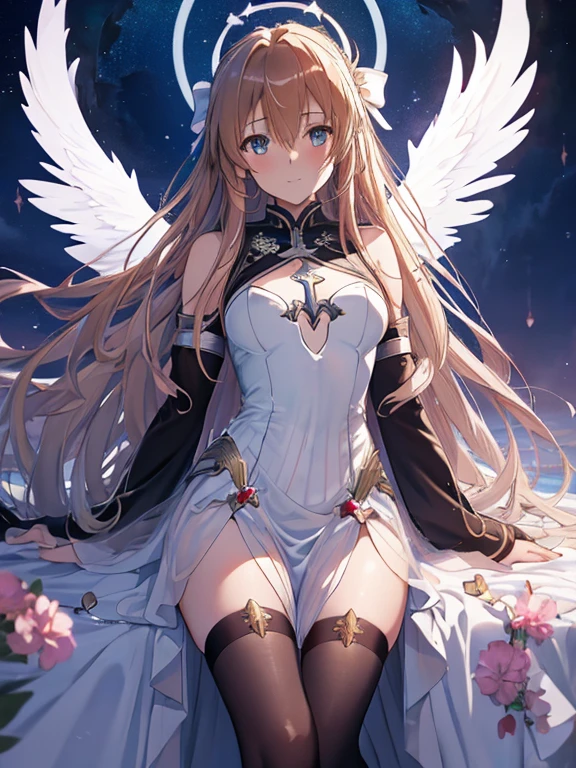 Archangel, Michael, Angel, Angel Ring, Angel, (Yuuki Asuna_Sword Art Online), Evening Dress, Night view, Beauty, Beautiful eyes, uhd, retina, masterpiece, ccurate, anatomically correct, textured skin, super detail, high details, high quality, best quality, highres, 4K