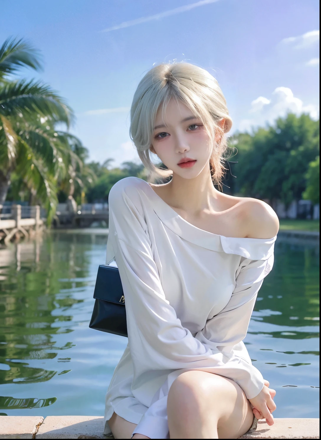 Beautiful woman with perfect figure:1.4,Swimming background,Desert Background,Ultra-high resolution,Seductive laughter,wear glasses,White legs,(lifelike:1.4),Layered Hairstyle,White skin,Black mini pleated skirt,whole body,Very delicate face and skin texture,Double eyelids,Skin Whitening,Long hair,White hair,White,