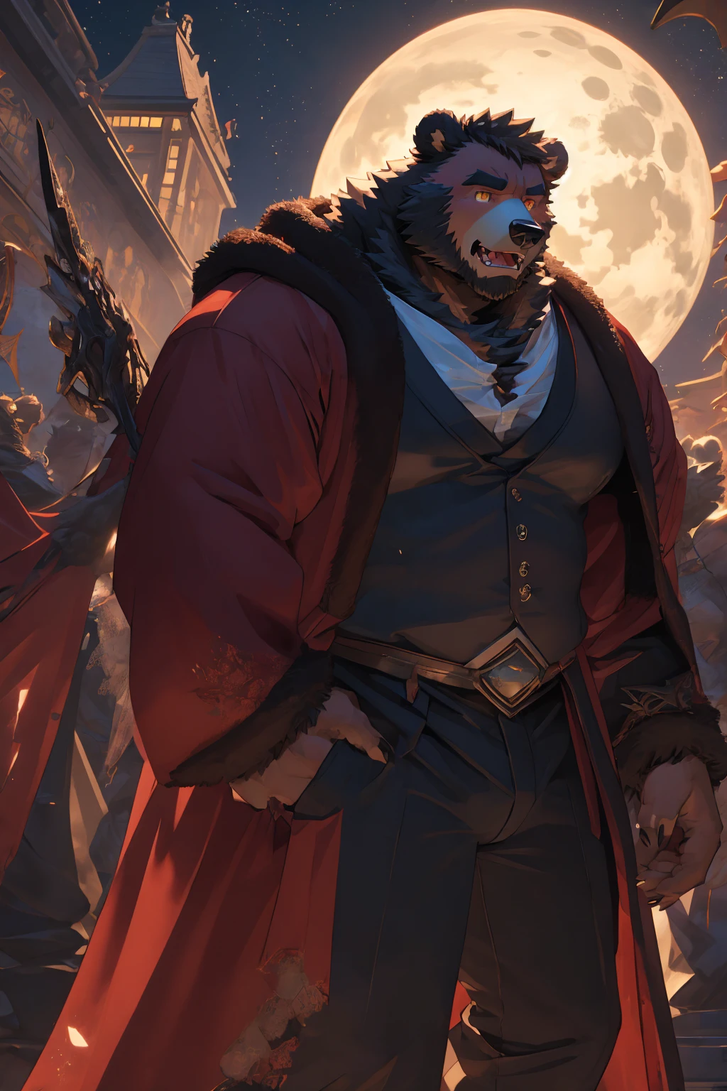 (Super detailed), Sharp focus,hairy, Gray fur, White beard,,Golden Eyes,human nature (棕Bear:1.3), male, Muscular ,(Crotch bulge),(Big Bag),Super detailed的脸,(dishevelled:1.4),(best quality), (masterpiece), High Detail, high quality,High resolution,16K,(Bear:1.3),(scar:1.1),(Fangs),(vampire:1.2),(Red robe),moonlight,Sharp teeth,(Bloody Mouth),Open your mouth