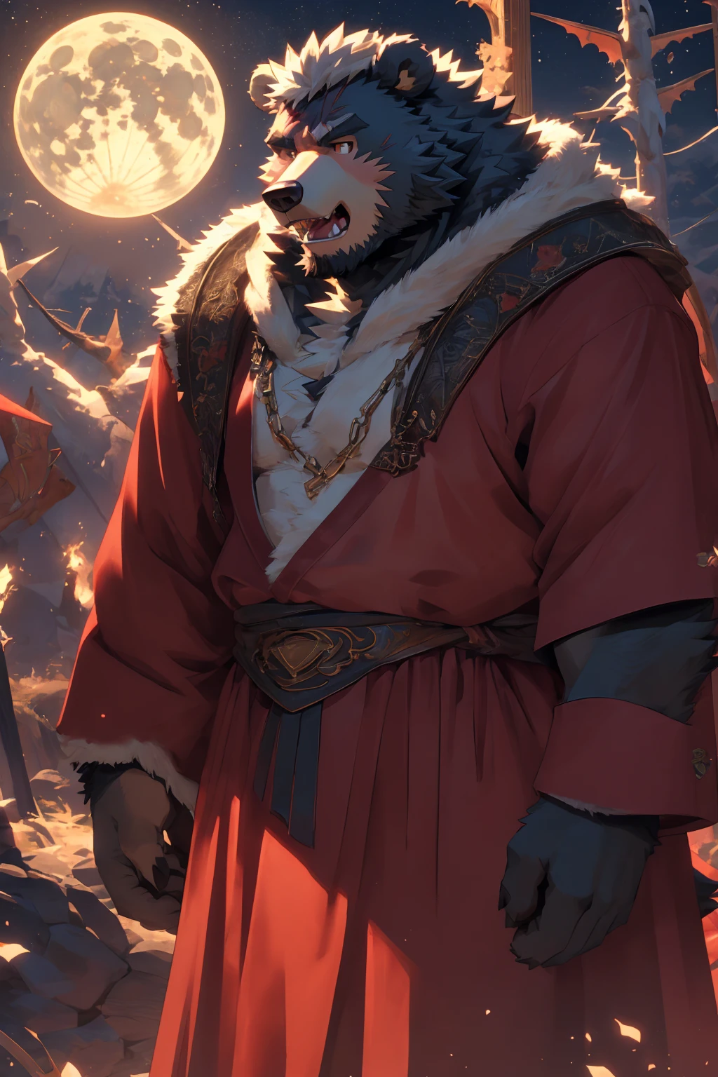 (Super detailed), Sharp focus,hairy, Gray fur, White beard,,Golden Eyes,human nature (棕Bear:1.3), male, Muscular ,(Crotch bulge),(Big Bag),Super detailed的脸,(dishevelled:1.4),(best quality), (masterpiece), High Detail, high quality,High resolution,16K,(Bear:1.3),(scar:1.1),(Fangs),(vampire:1.2),(Red robe),moonlight,Sharp teeth,(Bloody Mouth),Open your mouth