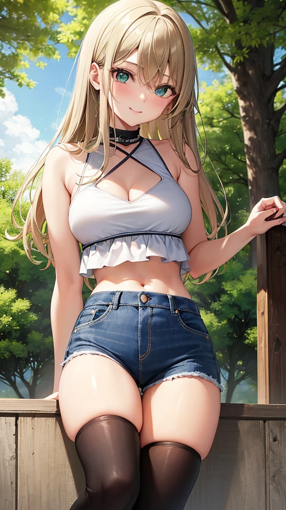 A small, young Sixteen year old girl with very dark blonde hair and emerald green eyes. She has a curiously playful smile. She has big and round thighs. She wears tight jean shorts and a crop top. Her top reveals a lot of cleavage. She sits outdoors in a wooded park. Anime style.