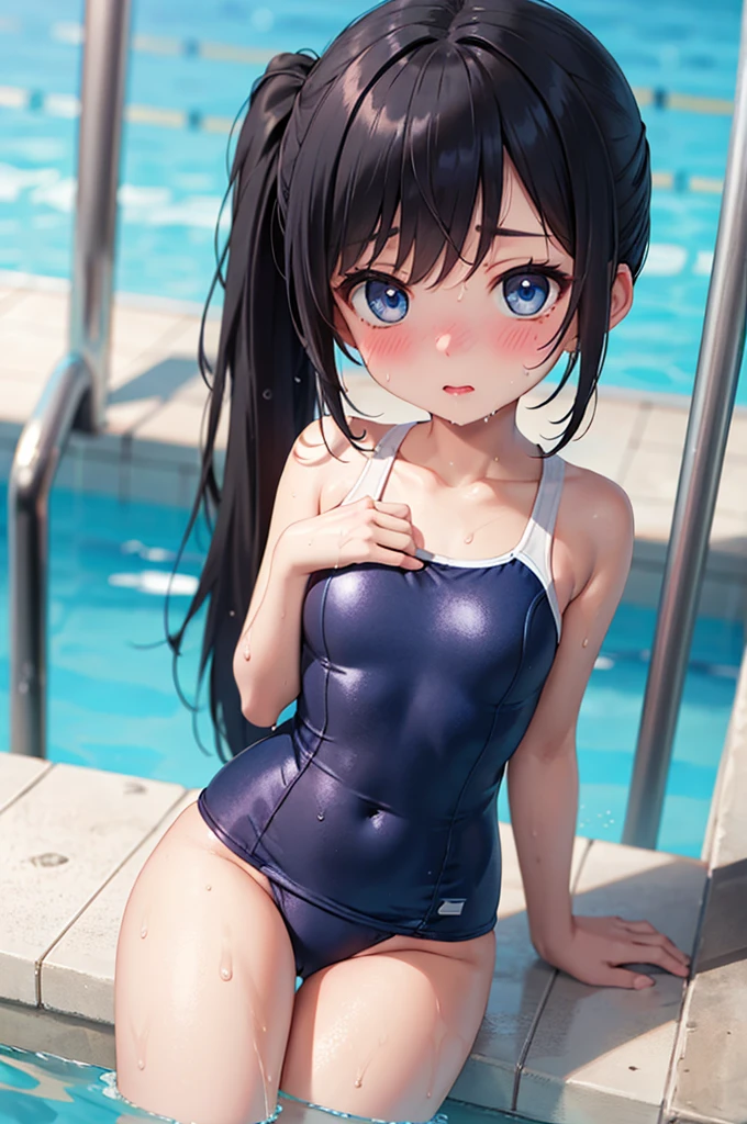 masterpiece, best quality, beautiful detailed eyes, 1girl, solo, black hair, blue eyes, (li), (long pony tail), midium breast, nose blush, poolside, navy blue school swimsuit, wet, in water