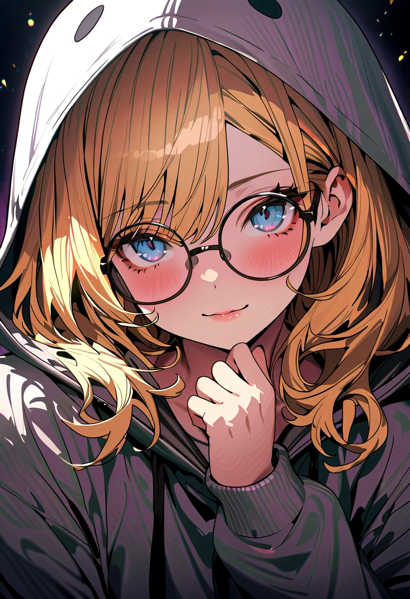 1boy, blond hair, round glasses, wearing grey ghost costume hoody, tired eyes, blue eyes, dark room, short curly hair, absurdres, high res, ultrasharp, 8K, masterpiece, looking at viewer