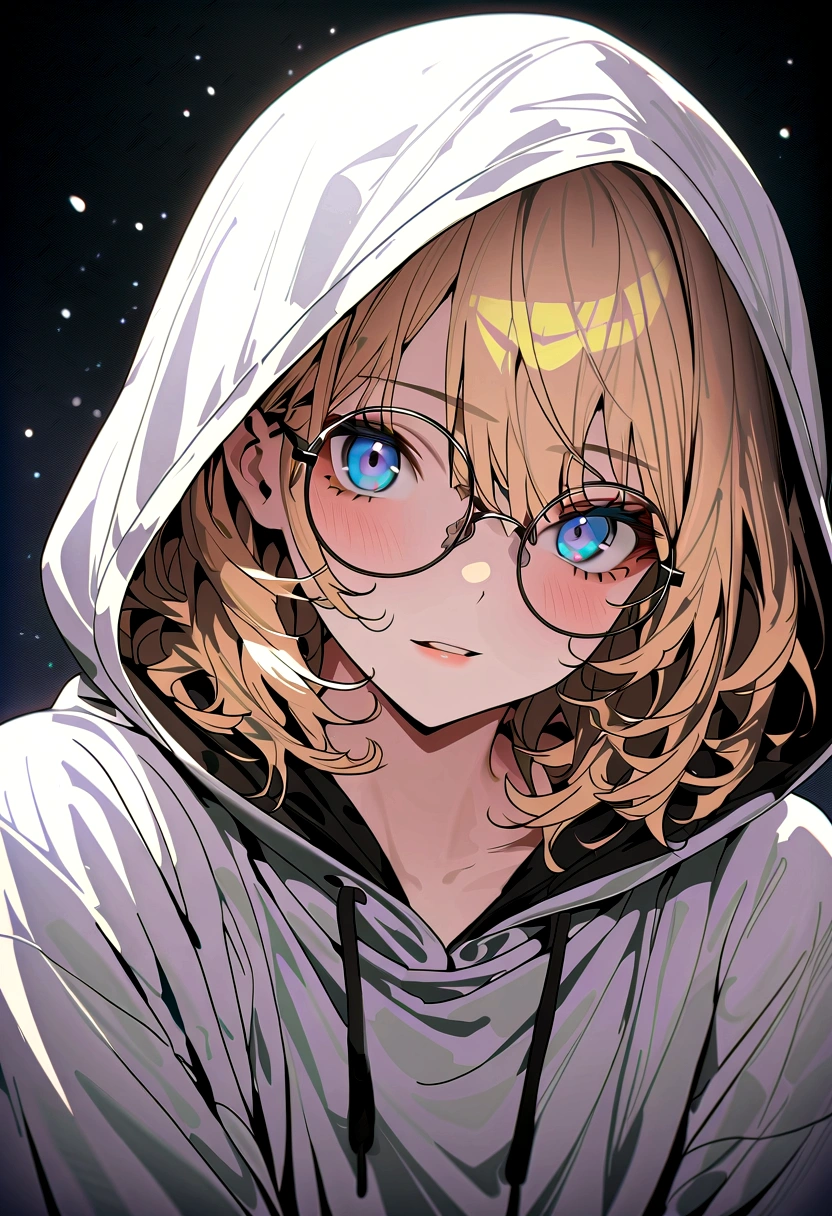 1boy, blond hair, round glasses, wearing grey ghost costume hoody, tired eyes, blue eyes, dark room, short curly hair, absurdres, high res, ultrasharp, 8K, masterpiece, looking at viewer