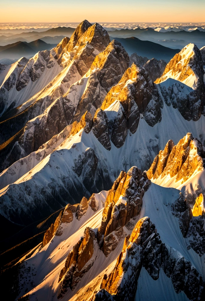 Golden light illuminating the top of the mountains aerial view
