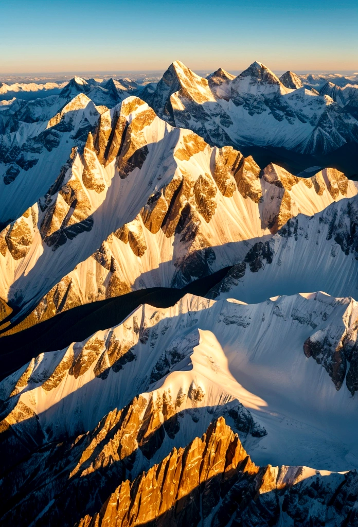 Golden light illuminating the top of the mountains aerial view