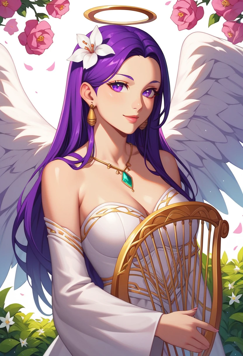 Alphonse Mucha style, woman, Light Green, purple eyes, 1 girl, alone, white,angel wings,Harp holder | , perfect,flower