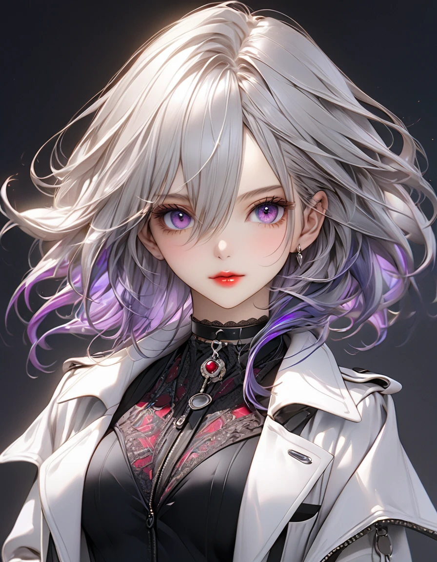 1 girl, anime, masterpiece, ultra-detailed, photorealistic, (best quality,4k,8k,highres,masterpiece:1.2),ultra-detailed,(realistic,photorealistic,photo-realistic:1.37), beautiful detailed eyes, beautiful detailed lips, extremely detailed eyes and face, long eyelashes, perfect body, perfect hand, perfect face, breast c cup, fox pupil, a black choker, beautiful purple eye pupils, silver hair with blue streak, hair strands covering eye, black non hoad coat with purple and red pattern, a pocket in coat, white suit, black short skirt, black boots, hand in coat pocket, game character profile poster concept art