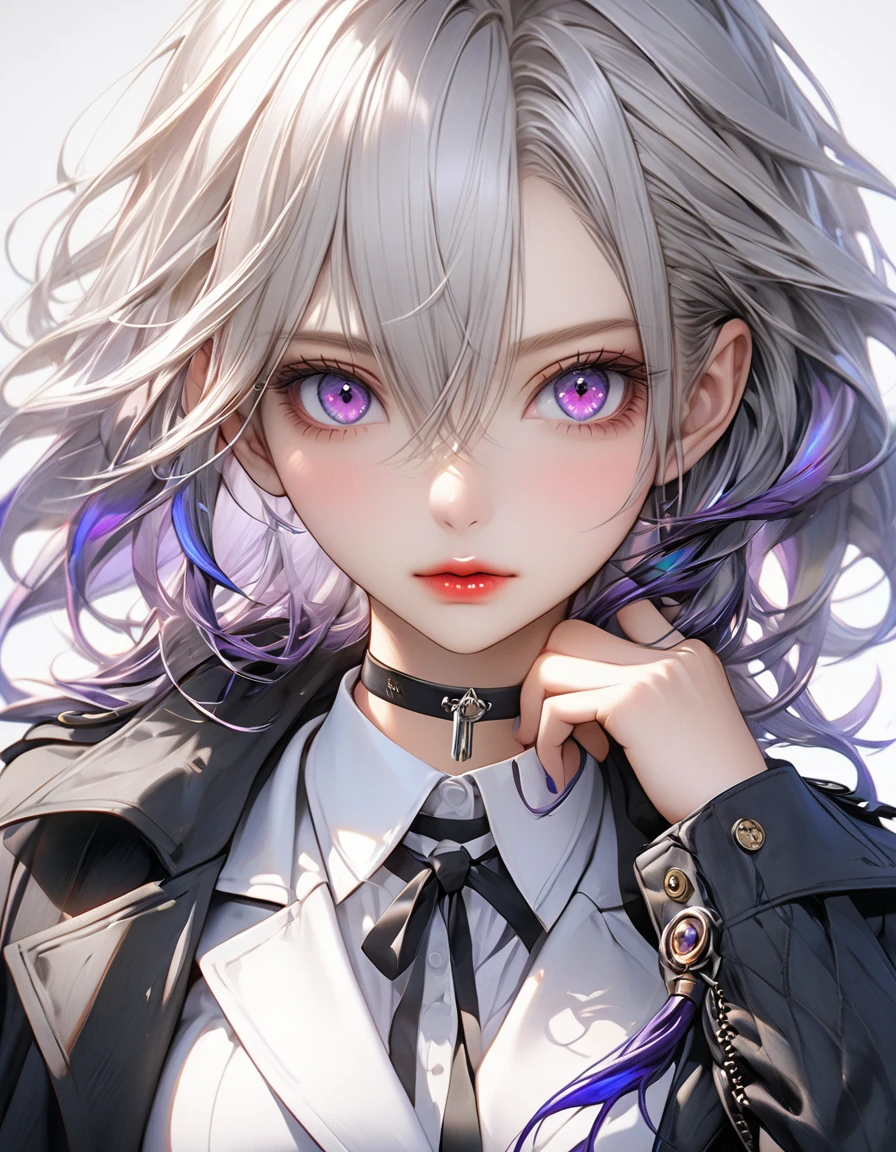1 girl, anime, masterpiece, ultra-detailed, photorealistic, (best quality,4k,8k,highres,masterpiece:1.2),ultra-detailed,(realistic,photorealistic,photo-realistic:1.37), beautiful detailed eyes, beautiful detailed lips, extremely detailed eyes and face, long eyelashes, perfect body, perfect hand, perfect face, breast c cup, fox pupil, a black choker, beautiful purple eye pupils, silver hair with blue streak, hair strands covering eye, black non hoad coat with purple and red pattern, a pocket in coat, white suit, black short skirt, black boots, hand in coat pocket, game character profile poster concept art