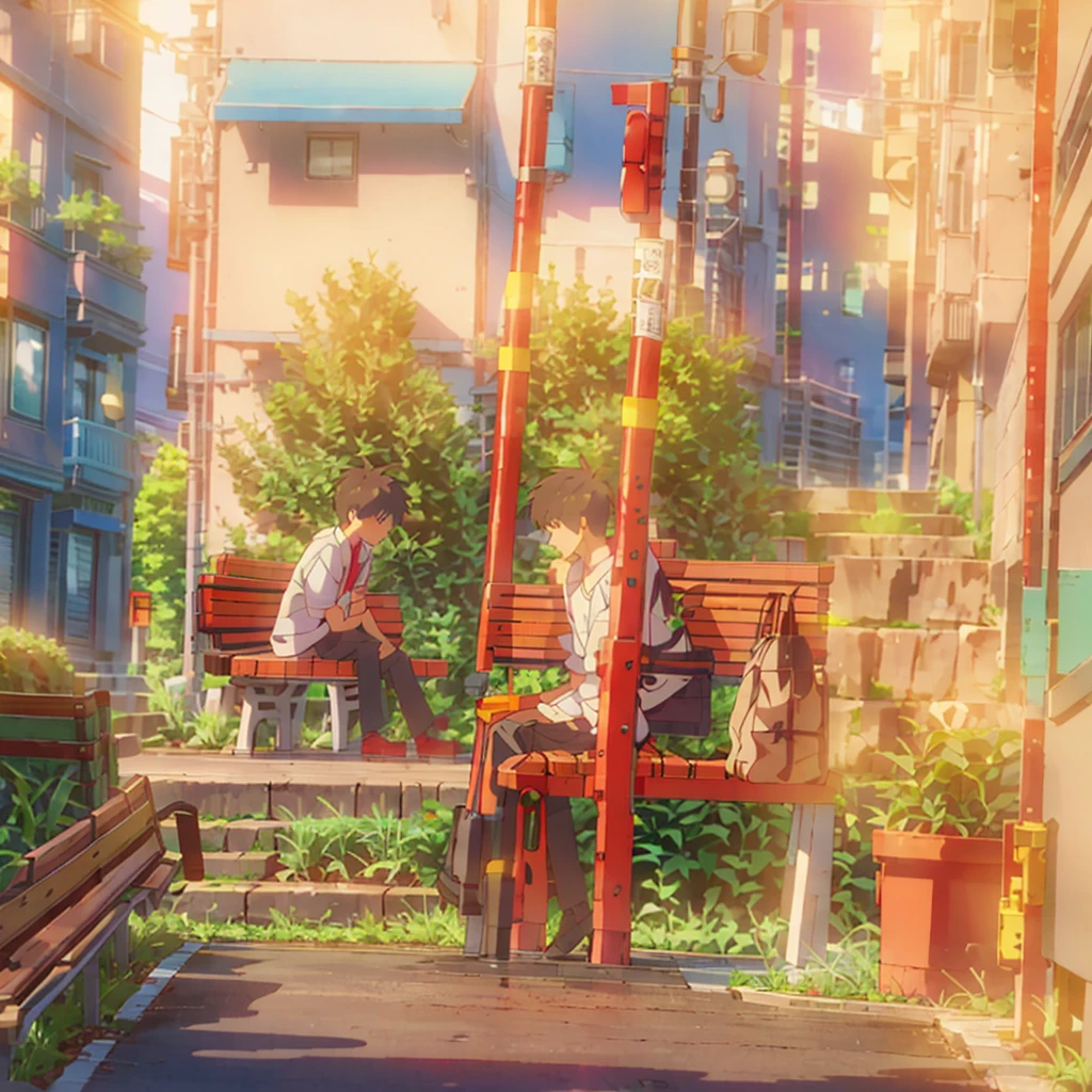 Anime city street scene with a boy sitting on bench